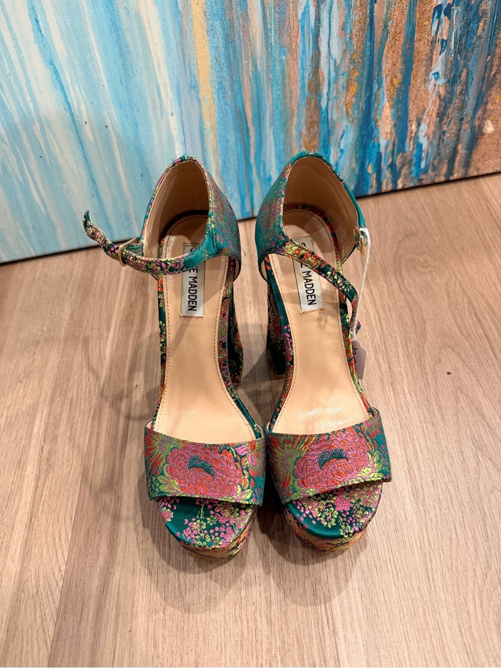 Steve Madden Teal Floral Brocade Platform Sandals
